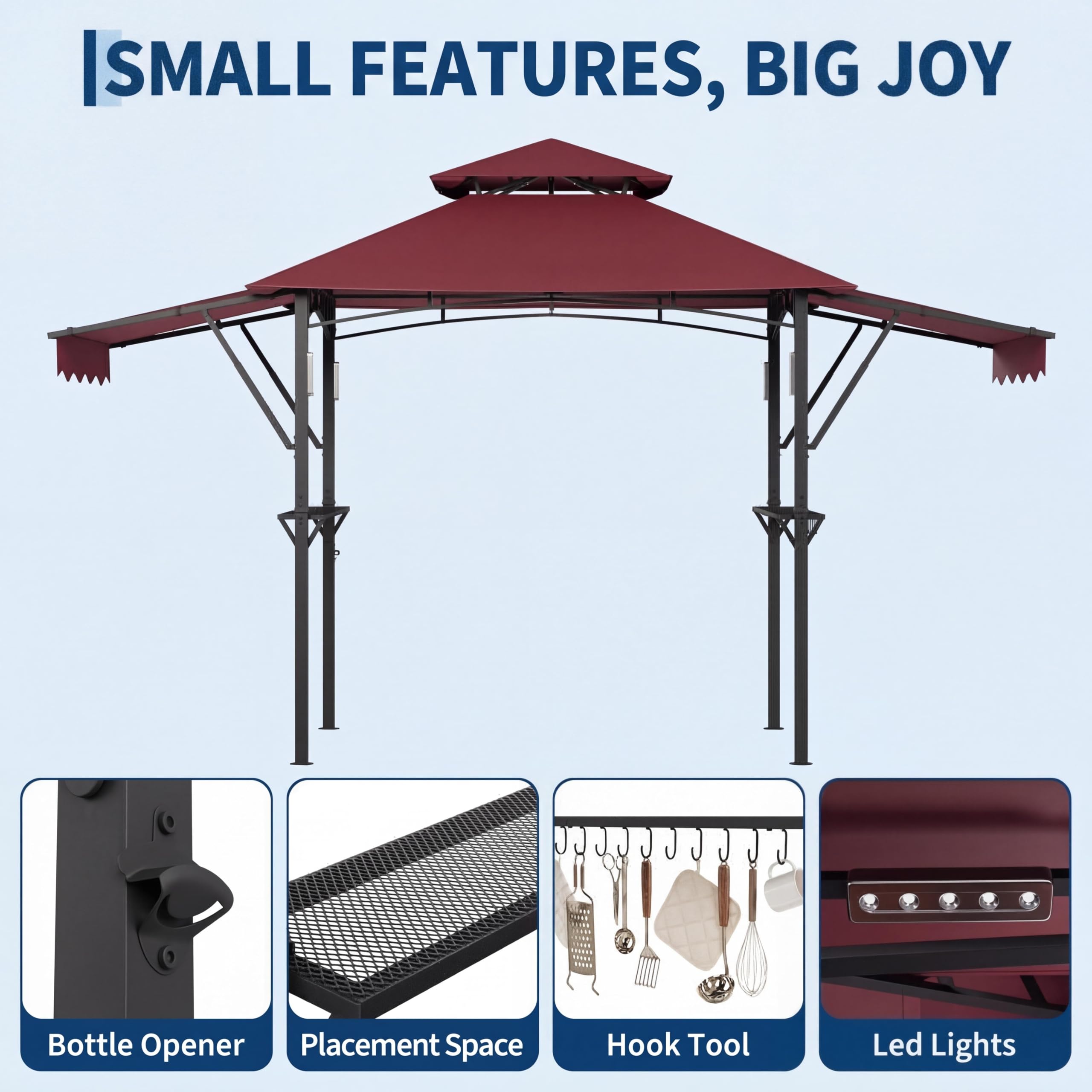 Garvee 8' × 5' Grill Gazebo with Dual Adjustable Awnings, 2-Tier Ventilated Canopy, Steel Frame, 2 Shelves & 7 Hooks, Claret