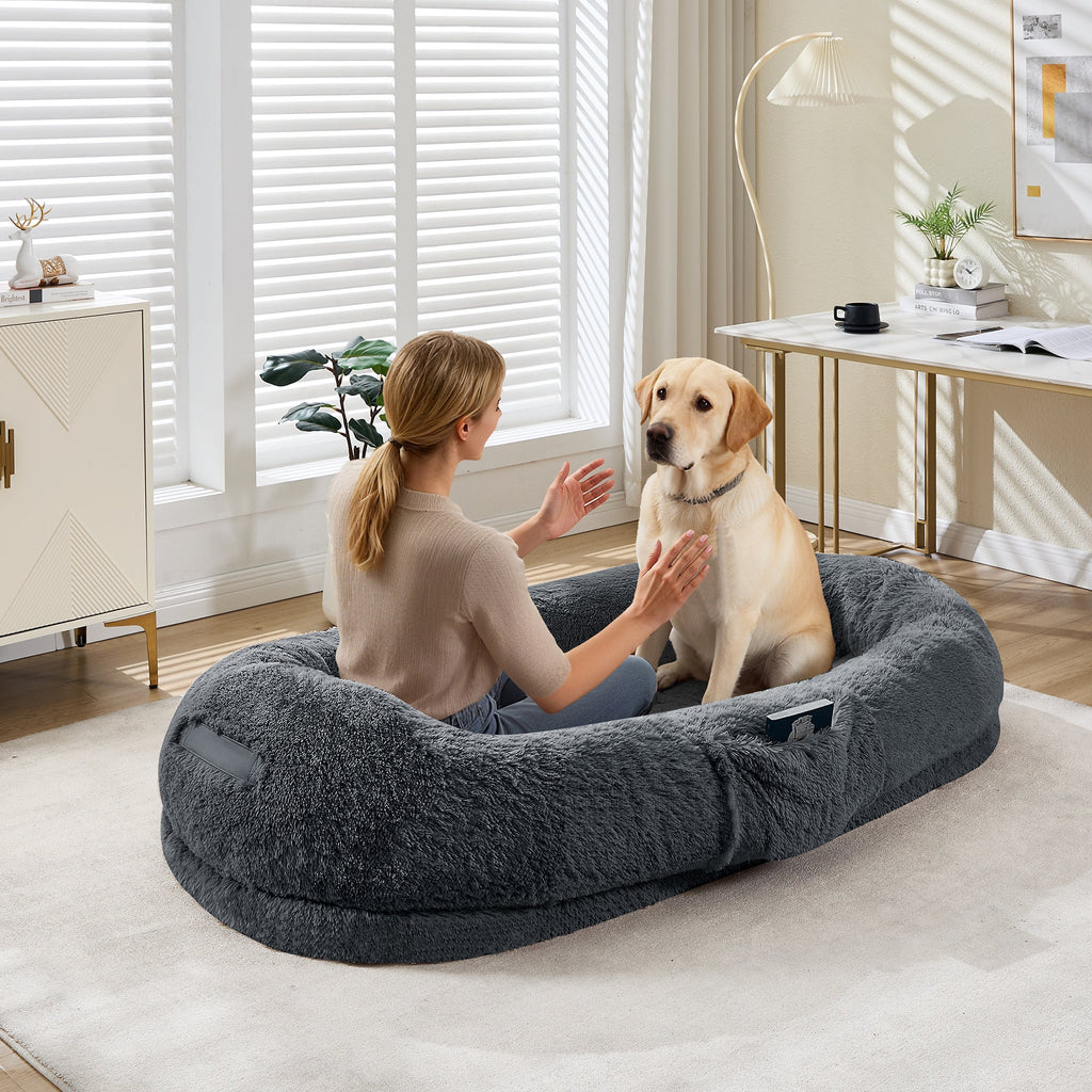 Garvee XL Orthopedic Memory Foam Dog Bed for Adults & Pets – Oversized Bean Bag Lounger, Washable Faux Fur, Side Pocket, Waterproof, No Assembly, Calming Nest for Anxiety Relief – Navy Blue