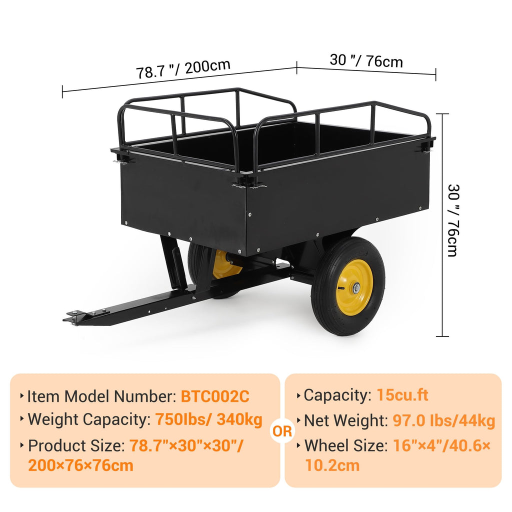 Garvee ATV UTV Dump Trailer, 750 lbs Load Capacity and 15 Cu. FT Bed with Reinforced Side Panels and Dumping Function for Farm, Garden and Off-Road Hauling