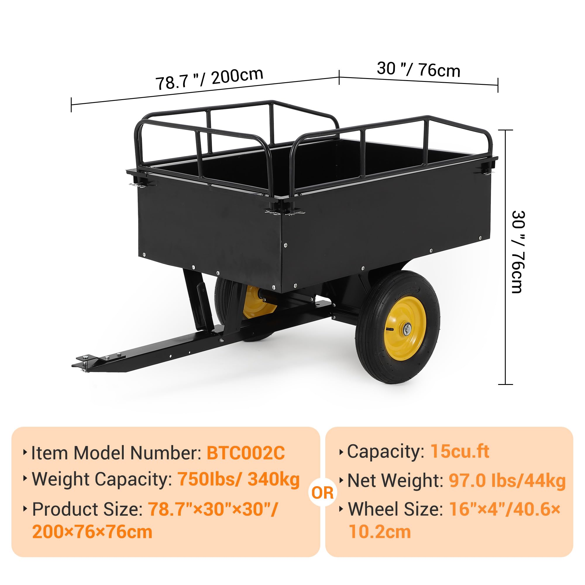 Garvee ATV UTV Dump Trailer, 750 lbs Load Capacity and 15 Cu. FT Bed with Reinforced Side Panels and Dumping Function for Farm, Garden and Off-Road Hauling