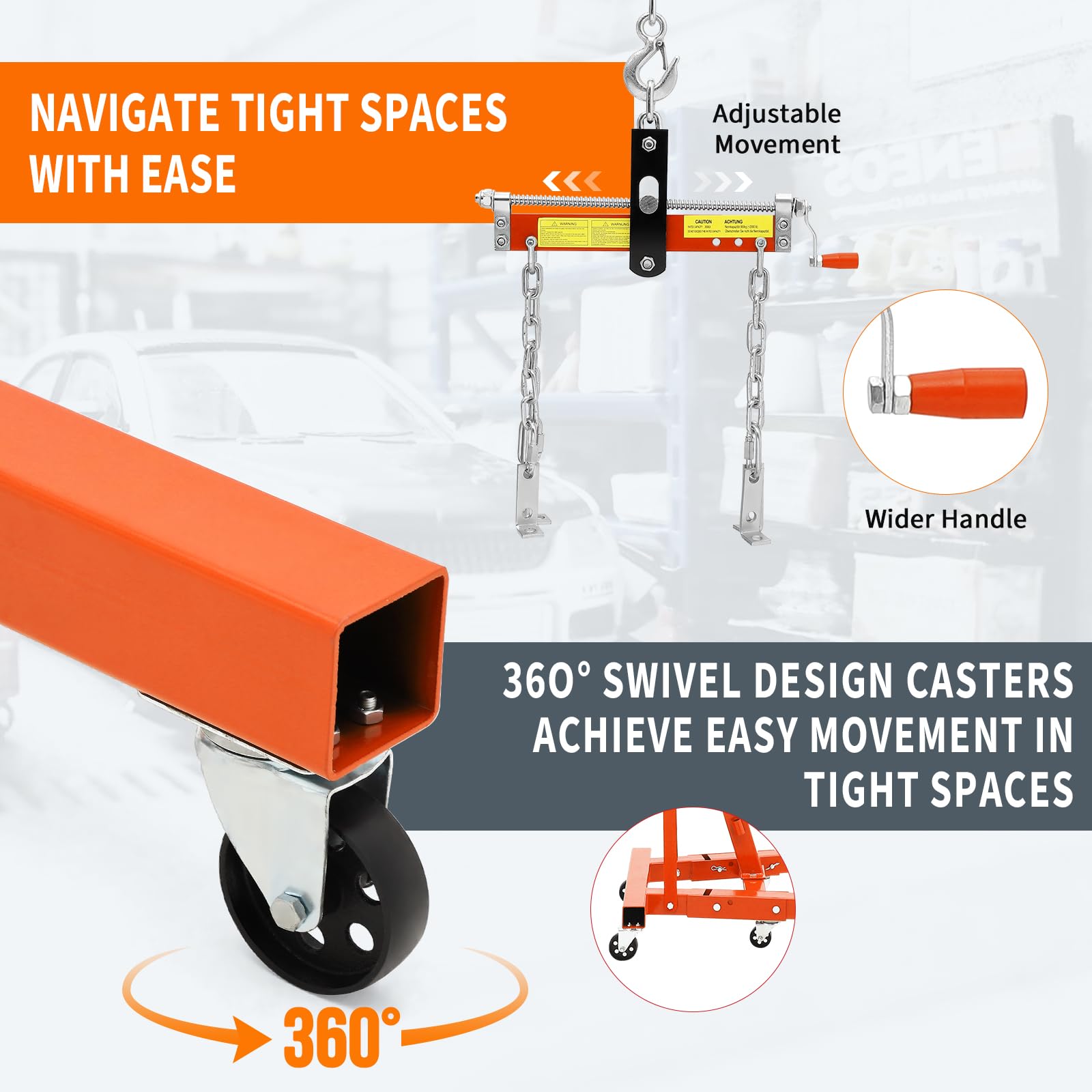 Garvee 2-Ton Folding Hydraulic Engine Hoist with Load Leveler, 4400 lbs Capacity, Heavy-Duty Cherry Picker with 6 Swivel Wheels, Hydraulic Pump, and Adjustable Boom (0.5T-2T), for Garage, Workshop, and Warehouse, Orange