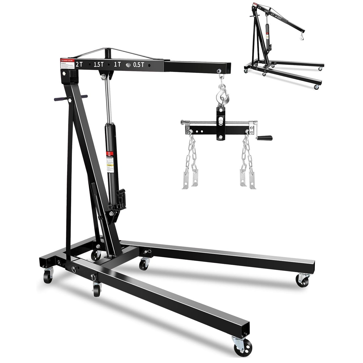 Garvee 2-Ton Hydraulic Engine Hoist Crane, 4400 lbs Folding Heavy-Duty Cherry Picker with Lever, 6 Locking Wheels, and 4 Boom Positions for Truck/SUV Engines, Garage, Workshop, and Industrial Lifting, Black