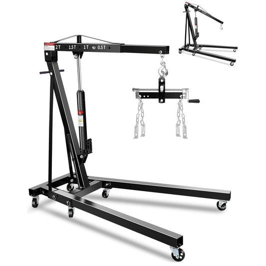 Garvee 2-Ton Hydraulic Engine Hoist Crane, 4400 lbs Folding Heavy-Duty Cherry Picker with Lever, 6 Locking Wheels, and 4 Boom Positions for Truck/SUV Engines, Garage, Workshop, and Industrial Lifting, Black