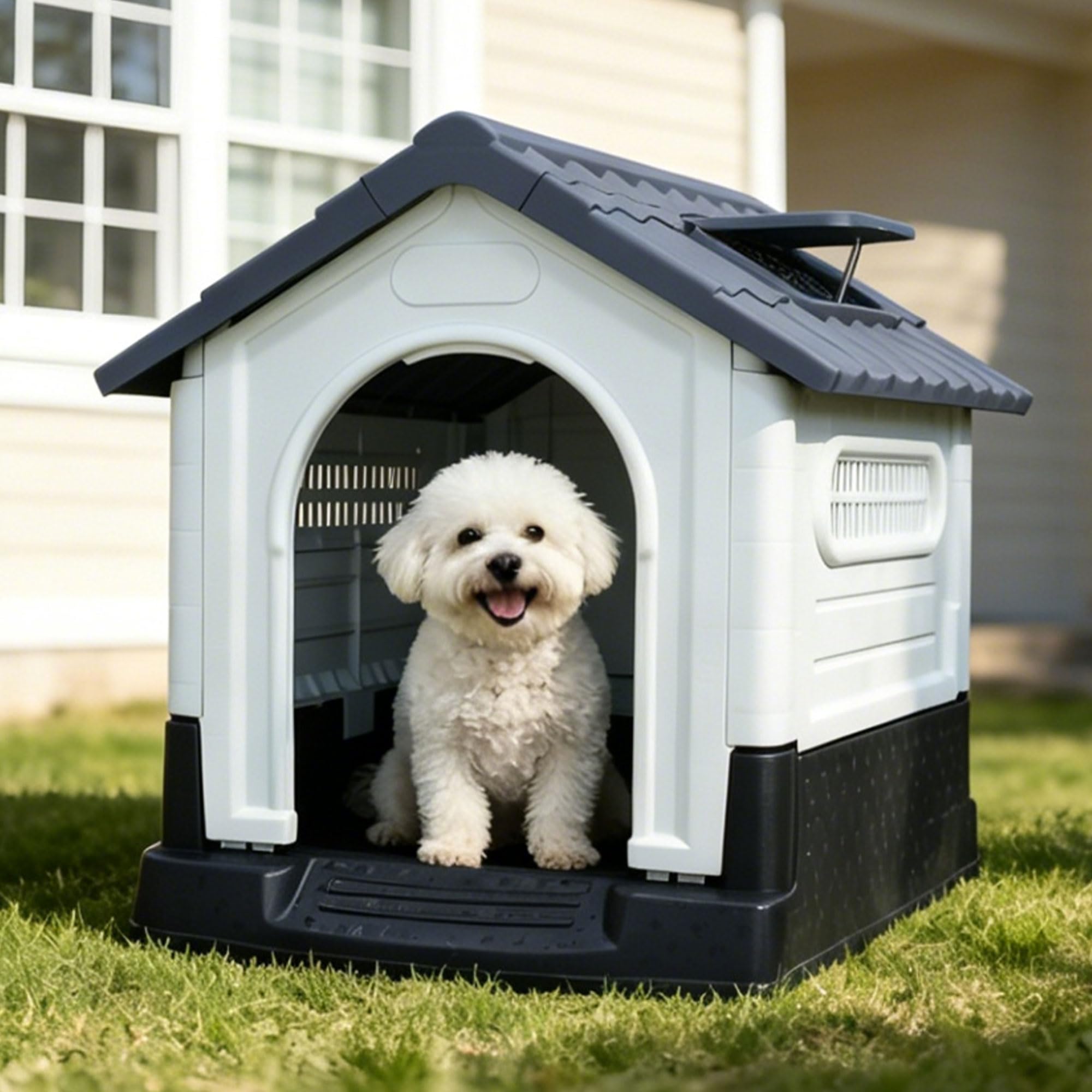 Garvee Small Dog House Outdoor with Air Vents and Elevated Floor for Puppy, Plastic Waterproof Doghouse Sloping Roof, Easy Clean and Assemble, Gray 25.2''D×19.3''W×26''H