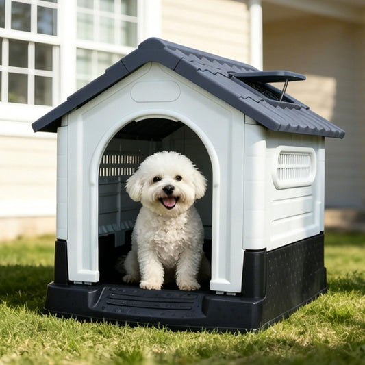 Garvee Small Dog House Outdoor with Air Vents and Elevated Floor for Puppy, Plastic Waterproof Doghouse Sloping Roof, Easy Clean and Assemble, Gray 25.2''D×19.3''W×26''H