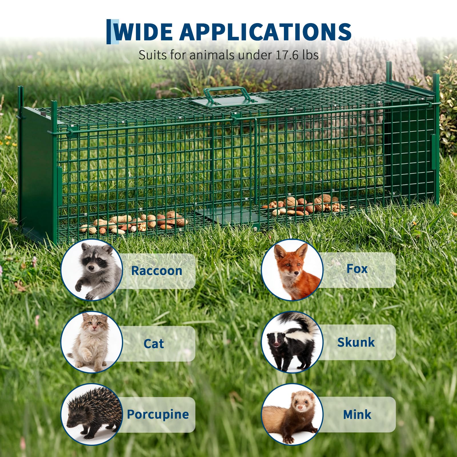 Garvee 2-Door Live Animal Trap Cage – Humane, Collapsible Steel, Sensitive Trigger – For Raccoons, Stray Cats, Rabbits, Skunks & Foxes – Easy Carry Handle – Green: 32x10x10 in / 84x26x26 cm