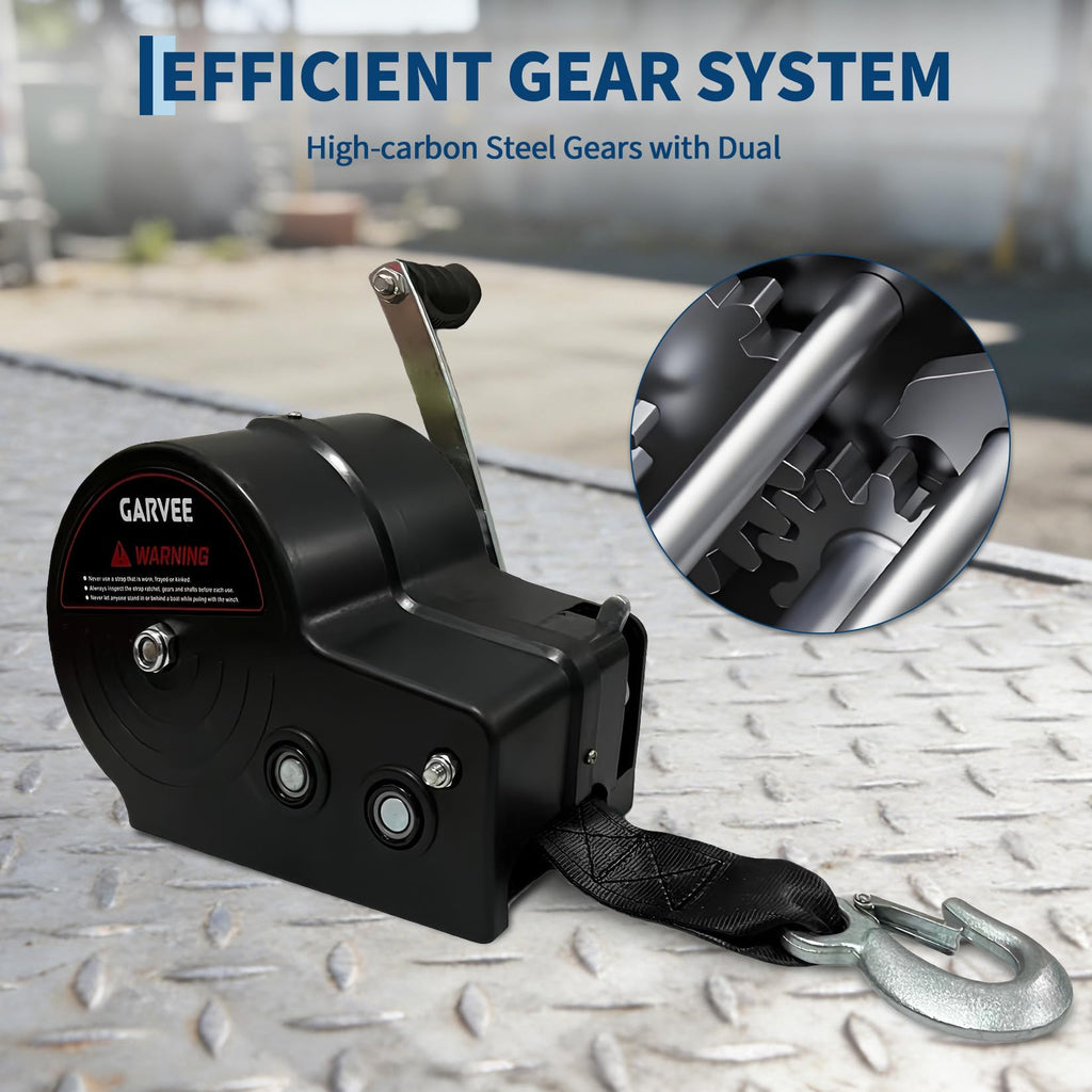 Garvee 3500lbs Heavy Duty Boat Trailer Winch with 33ft Strap, 4:1/8:1 Gear Ratio Hand Winch, Portable Hand Crank Winch for Towing Pulling Boat Trailer Truck RV ATV Jet Ski & Off-Road Recovery, Black
