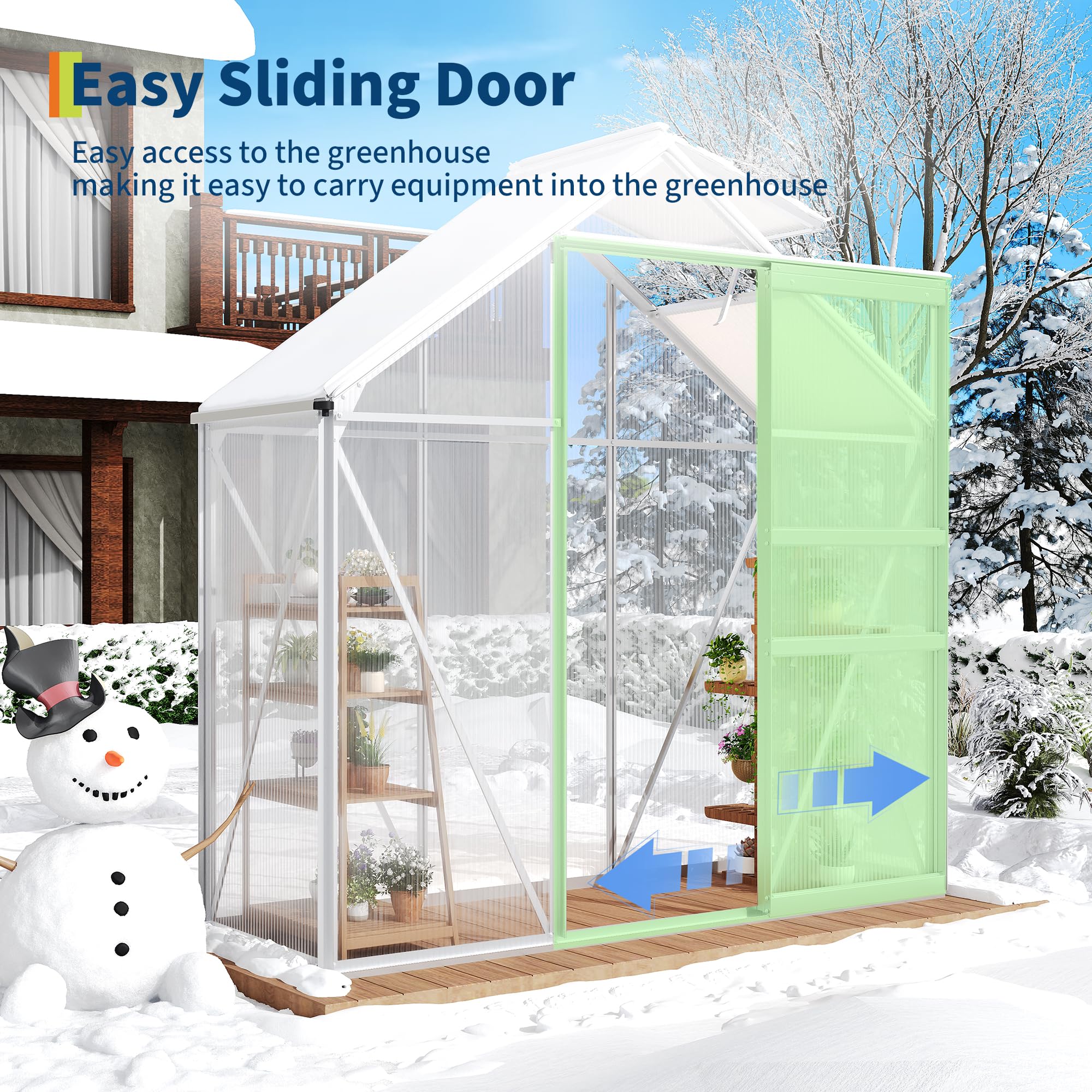 Garvee 6 x 3 FT Walk-In Greenhouse, 4 mm Twin-Wall Polycarbonate Panels, Aluminum Frame, Roof Vent, Sliding Door & Rain Gutters, Silver
