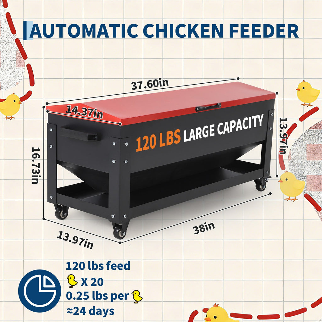 Garvee 120lbs Large Metal Chicken Feeder Box – Galvanized Steel, Automatic Poultry Feeding, Waterproof Red Lid, Brake Casters, Portable Handles – For Chickens, Ducks, Geese, Hens, Roosters, Quail, Turkey – Large - Red Lid