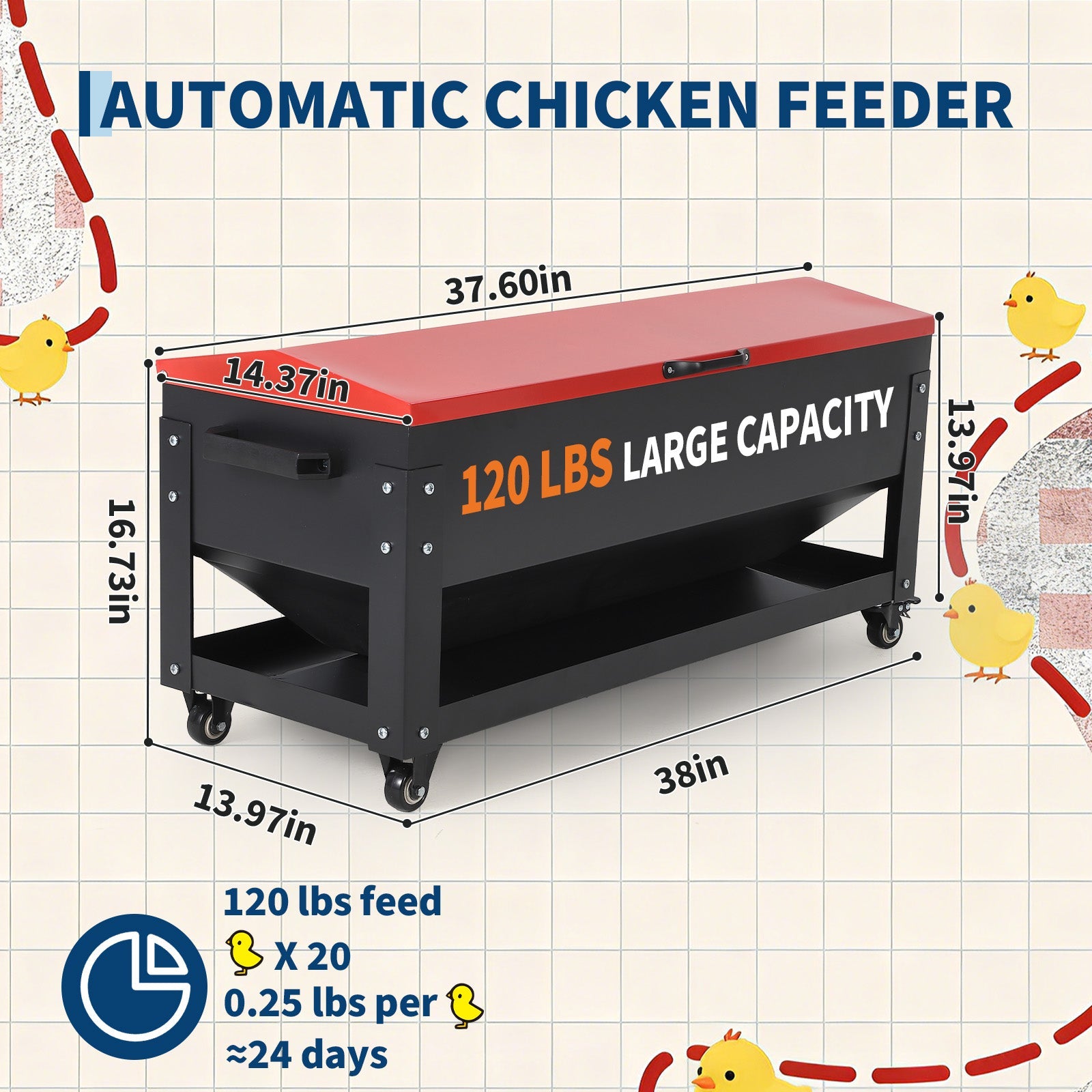 Garvee 120lbs Large Metal Chicken Feeder Box – Galvanized Steel, Automatic Poultry Feeding, Waterproof Red Lid, Brake Casters, Portable Handles – For Chickens, Ducks, Geese, Hens, Roosters, Quail, Turkey – Large - Red Lid