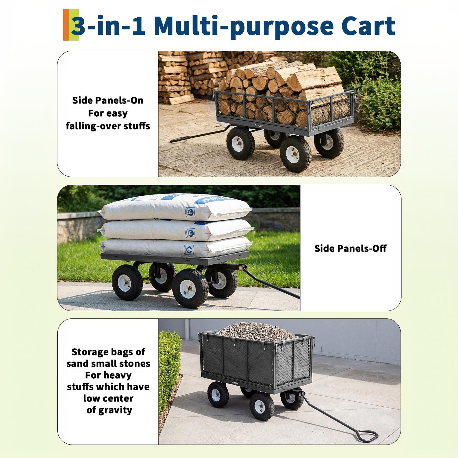 Garvee 800LBS Heavy Duty Steel Garden Cart Wagon with 10" Pneumatic Tires, Removable Mesh Sides, 180° Rotating Handle & Waterproof Bag, Utility Yard Trailer for Lawn, Garden & Farm, Gray