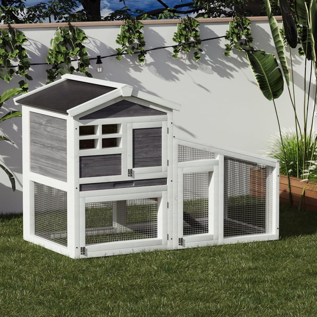 Garvee Large Outdoor Rabbit Hutch, 2-Tier 53" Wooden Small Animal Cage with Removable Tray, Anti-Chew, Weatherproof Rabbit Hutch with Non-Slip Ramp – Ideal for Rabbits, Guinea Pigs, Chickens, Gray