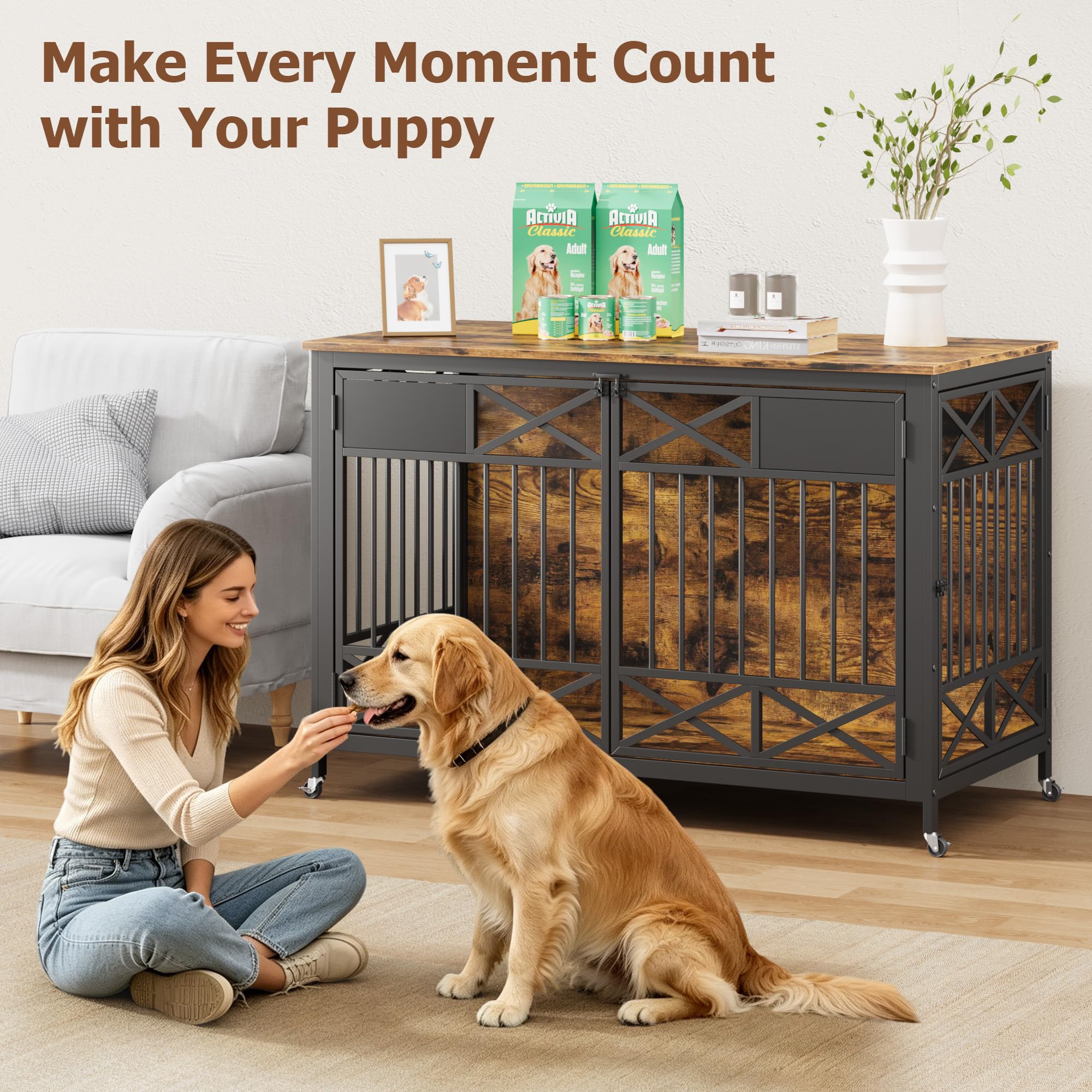 Garvee Heavy Duty Wooden Dog Crate Furniture - 47 Inch Large Pet Kennel Cage with Double Doors, Pulley System & Name Tag - Decorative End Table & TV Stand for Dogs, Antique Brown