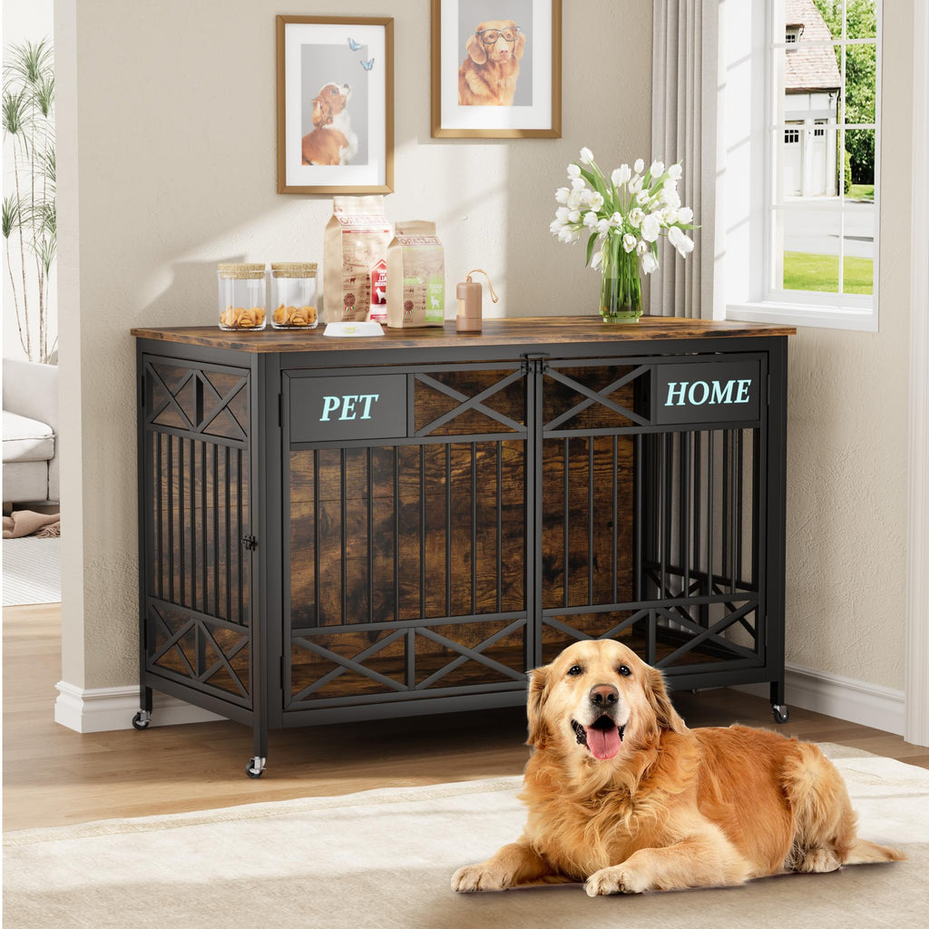 Garvee Heavy Duty Wooden Dog Crate Furniture - 47 Inch Large Pet Kennel Cage with Double Doors, Pulley System & Name Tag - Decorative End Table & TV Stand for Dogs, Antique Brown