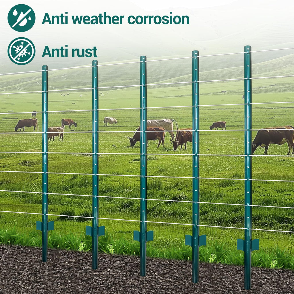 Garvee Heavy-Duty Steel U-Channel Fence Posts with Anchor Plates – 5ft No-Dig Metal Stakes (10-Pack, Green)
