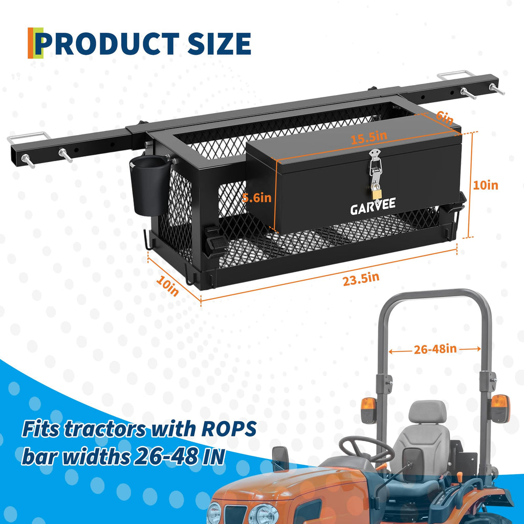 Garvee Heavy Duty Steel Tractor Tool Box Organizer Tray – Global Interior Storage for ROPS, Zero Turn Mowers – Multi-Function Utility Holder – 23.5" x 10" x 10" – With Tool Box