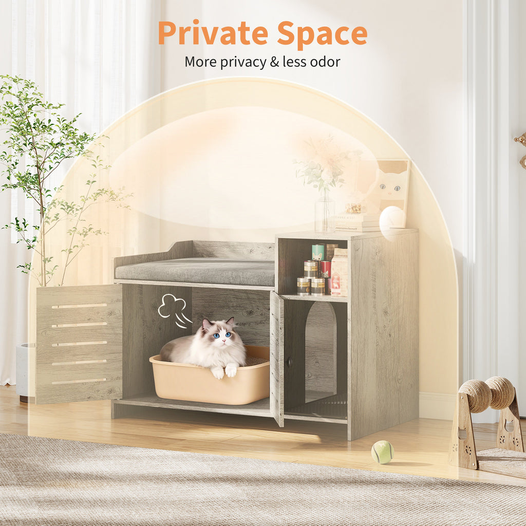 Garvee Cat Litter Box Enclosure, Hidden Litter Box Furniture with Litter Mat & Storage Shelf, Farmhouse Indoor Cat House Cabinet for Hallway, Bedroom, Gray
