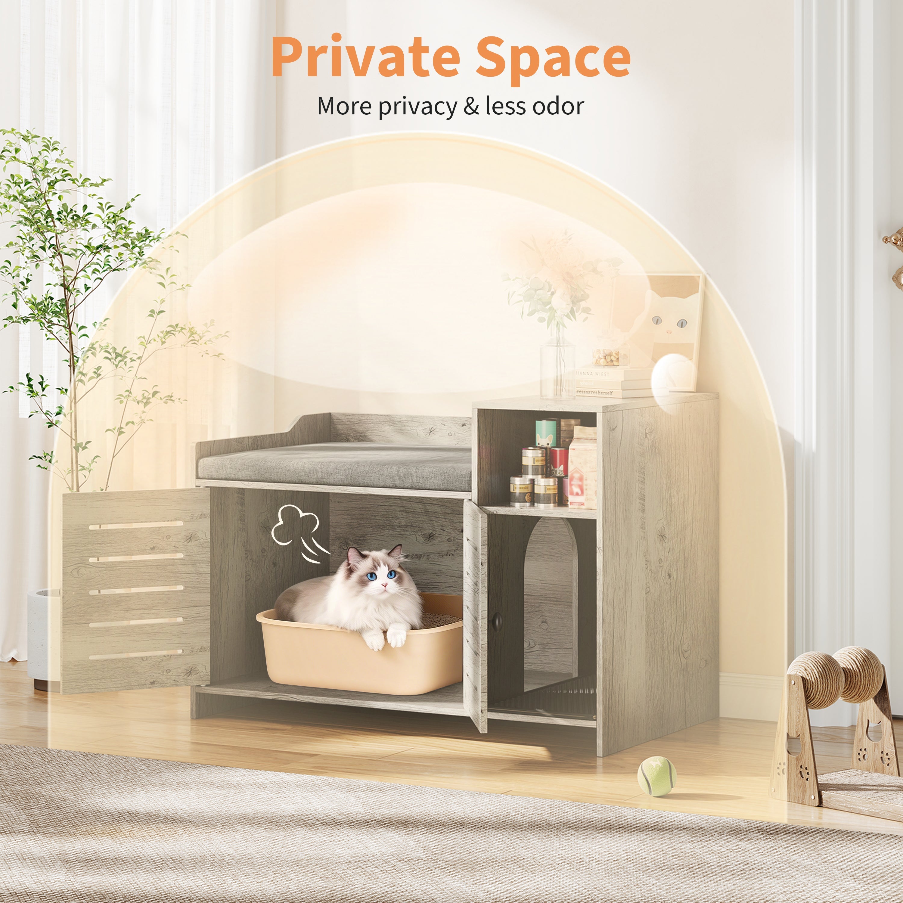 Garvee Cat Litter Box Enclosure, Hidden Litter Box Furniture with Litter Mat & Storage Shelf, Farmhouse Indoor Cat House Cabinet for Hallway, Bedroom, Gray