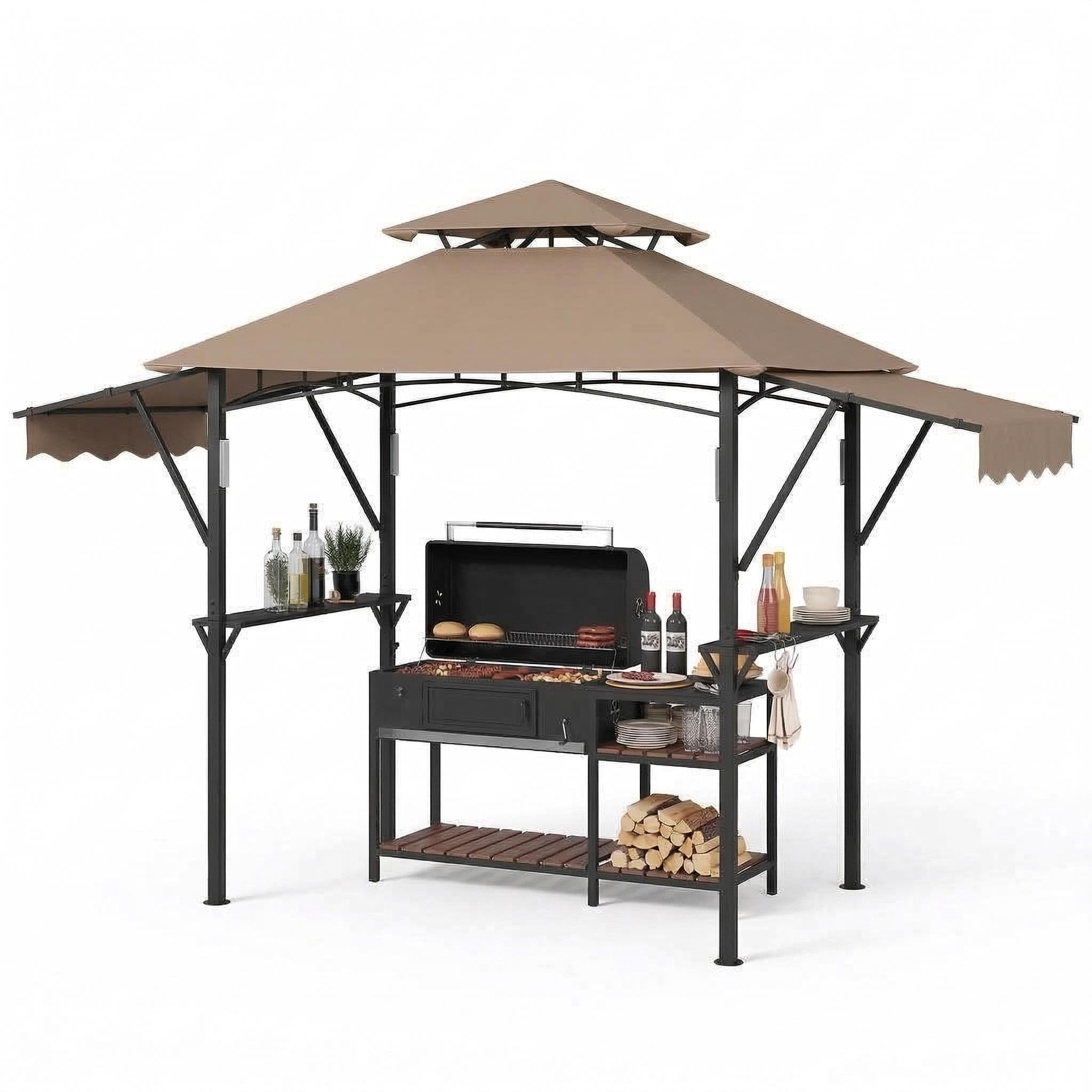 Garvee 8' × 5' Grill Gazebo with Dual Adjustable Awnings, 2-Tier Ventilated Canopy, Steel Frame, 2 Shelves & 7 Hooks, Khaki