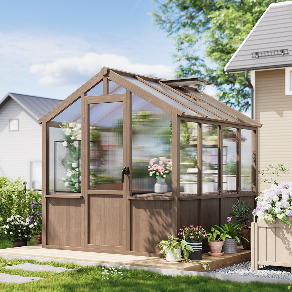 Garvee Spacious 6x8 FT Walk-In Wooden Greenhouse for Outdoors – Heavy Duty Spruce Frame, Durable PC Panels, Adjustable Roof Vents, Lockable Door – Outdoor Storage for Garden, Patio, Lawn – 6x8 Vintage Color