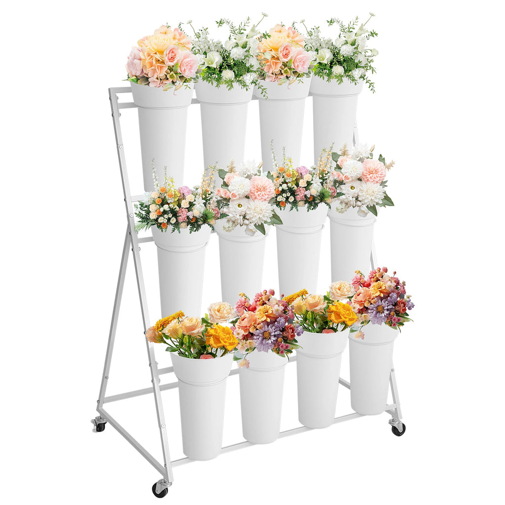 Garvee 3-Tier White Metal Flower Display Stand with 12 Removable Waterproof Buckets, Rolling Plant Rack – Multi-Layer Indoor Outdoor Flower Pot Holder for Florist, Garden, Patio, Wedding – Size: 90×55×120cm, Color: White