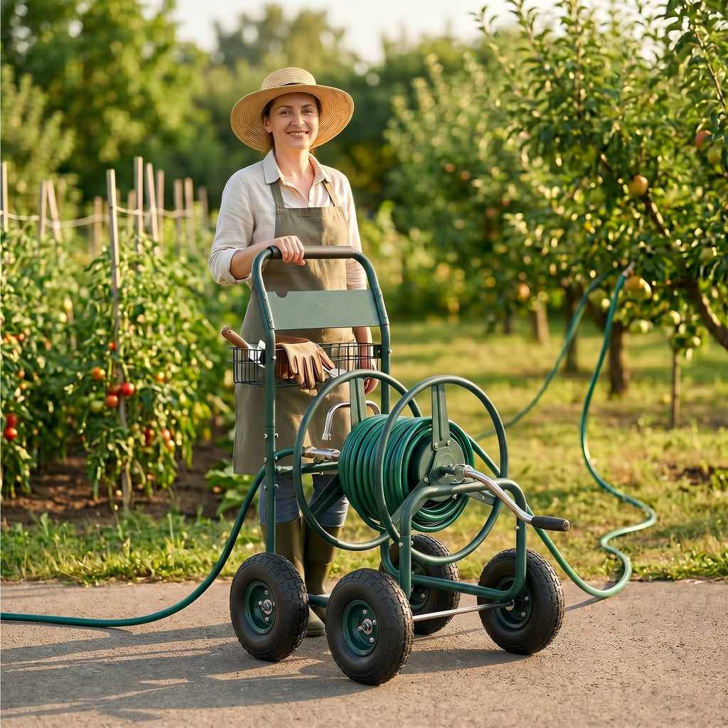 Garvee Garden Hose Reel Cart, 300 FT Capacity, 4 Pneumatic Wheels, 32" × 24" × 38.2" Steel Cart with Storage Basket for Large Yards, Green