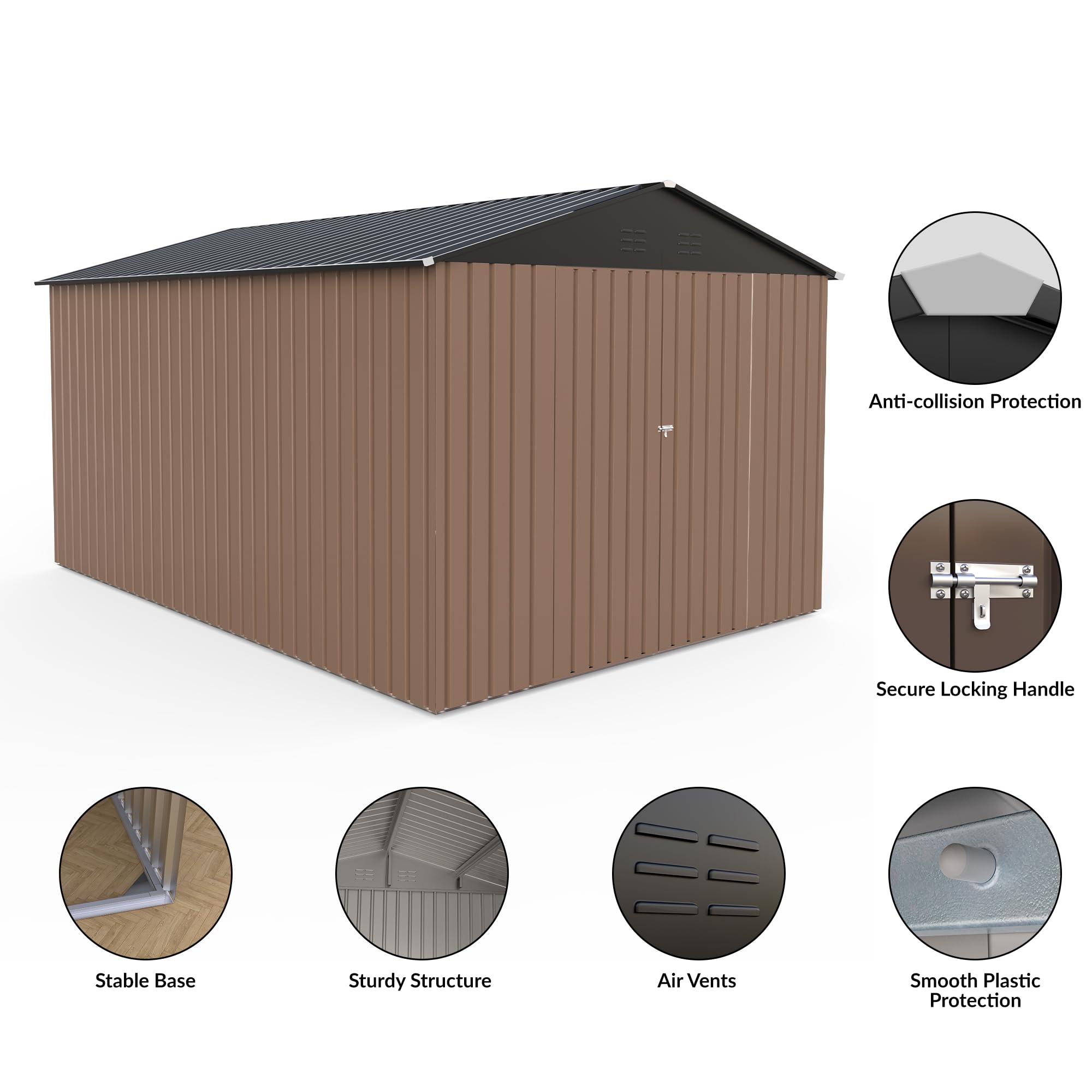 Garvee Spacious 8x12 FT Metal Outdoor Storage Outdoor Storage - Reinforced Frame, Lockable T-Type Door, Weatherproof, Ideal for Garden Tools & Bikes - Brown with Dark Roof
