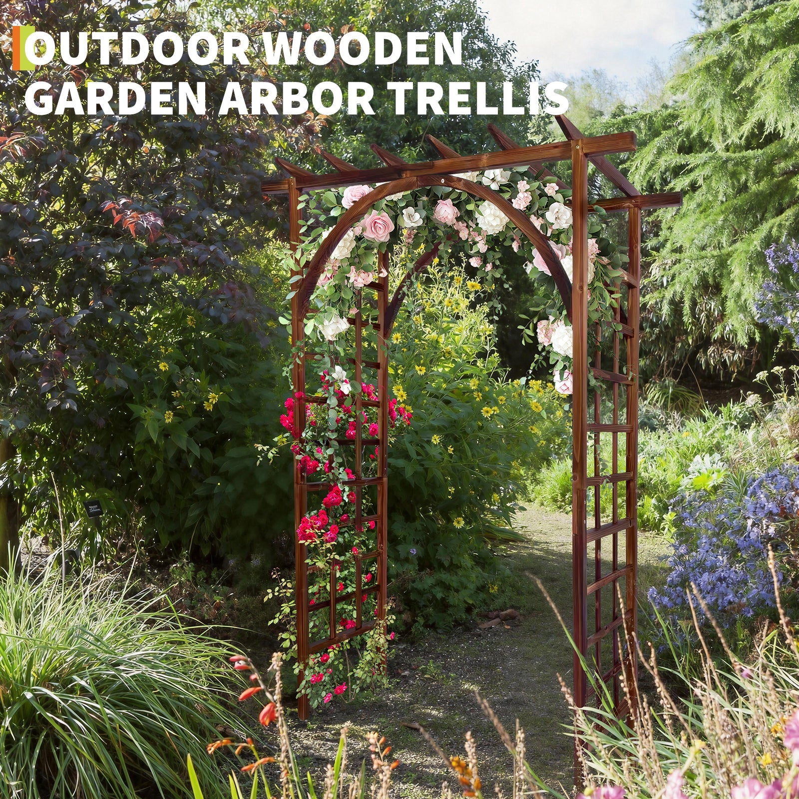 Garvee 85-Inch Wooden Garden Arbor Trellis, Fir Wood Pergola Arch for Climbing Plants, Wedding, Patio, Lawn & Backyard, Dark Brown, Arched & Flat Top