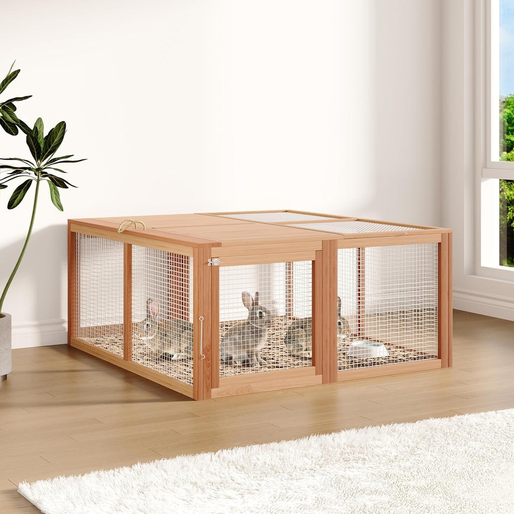 Garvee Portable Folding Wooden Chicken Coop & Rabbit Hutch – No-Assembly Needed, Spacious Small Animal Cage with Top & Side Doors – Secure, Sturdy Playpen for Chickens, Rabbits, Poultry – Dark Oak+Oak (Sturdy Wood Color)
