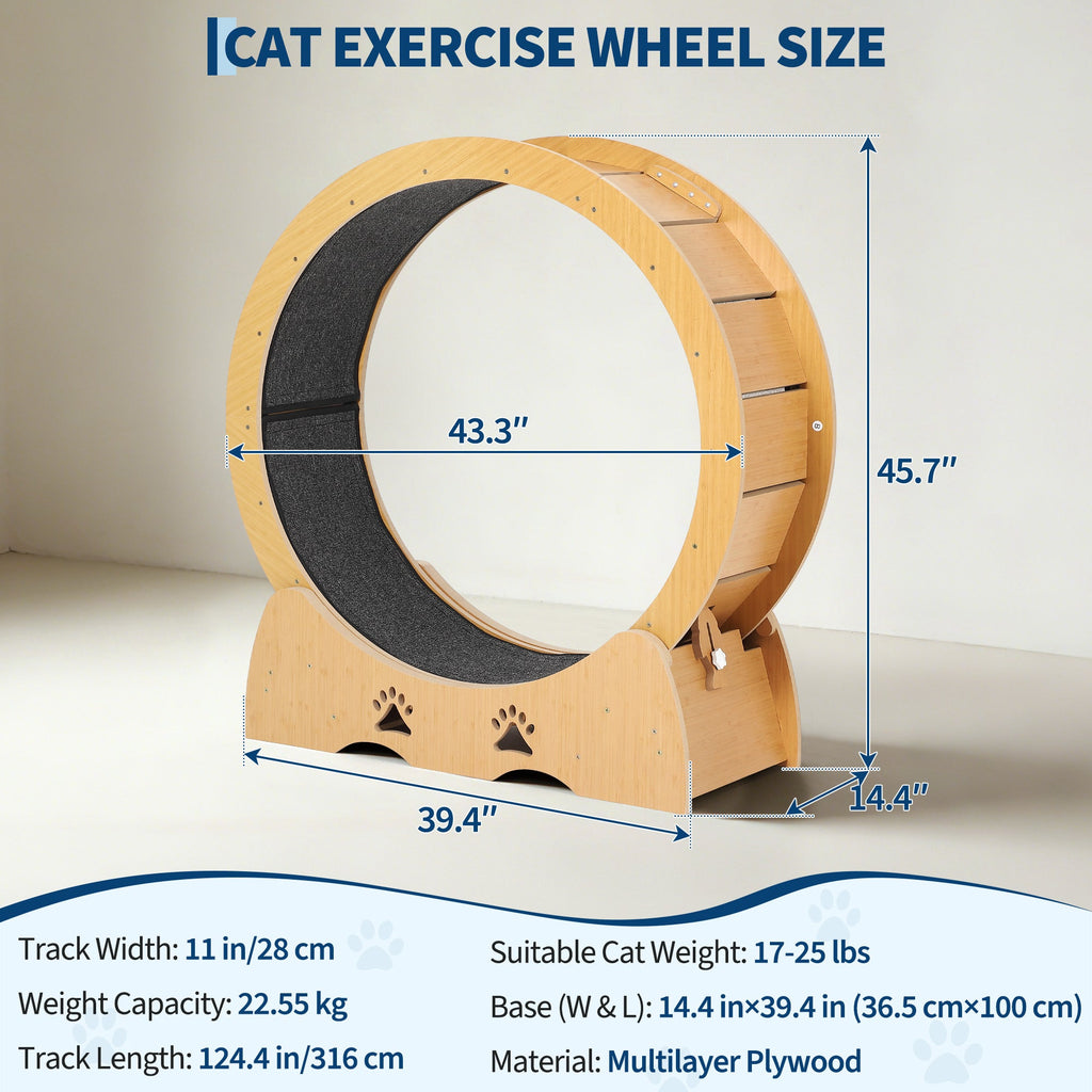 Garvee Quiet Wooden Cat Exercise Wheel - Indoor Cat Treadmill with Removable Carpeted Exercise Wheel - Safe Running & Training Wheel - Includes Teaser Toy - Natural Wood Color