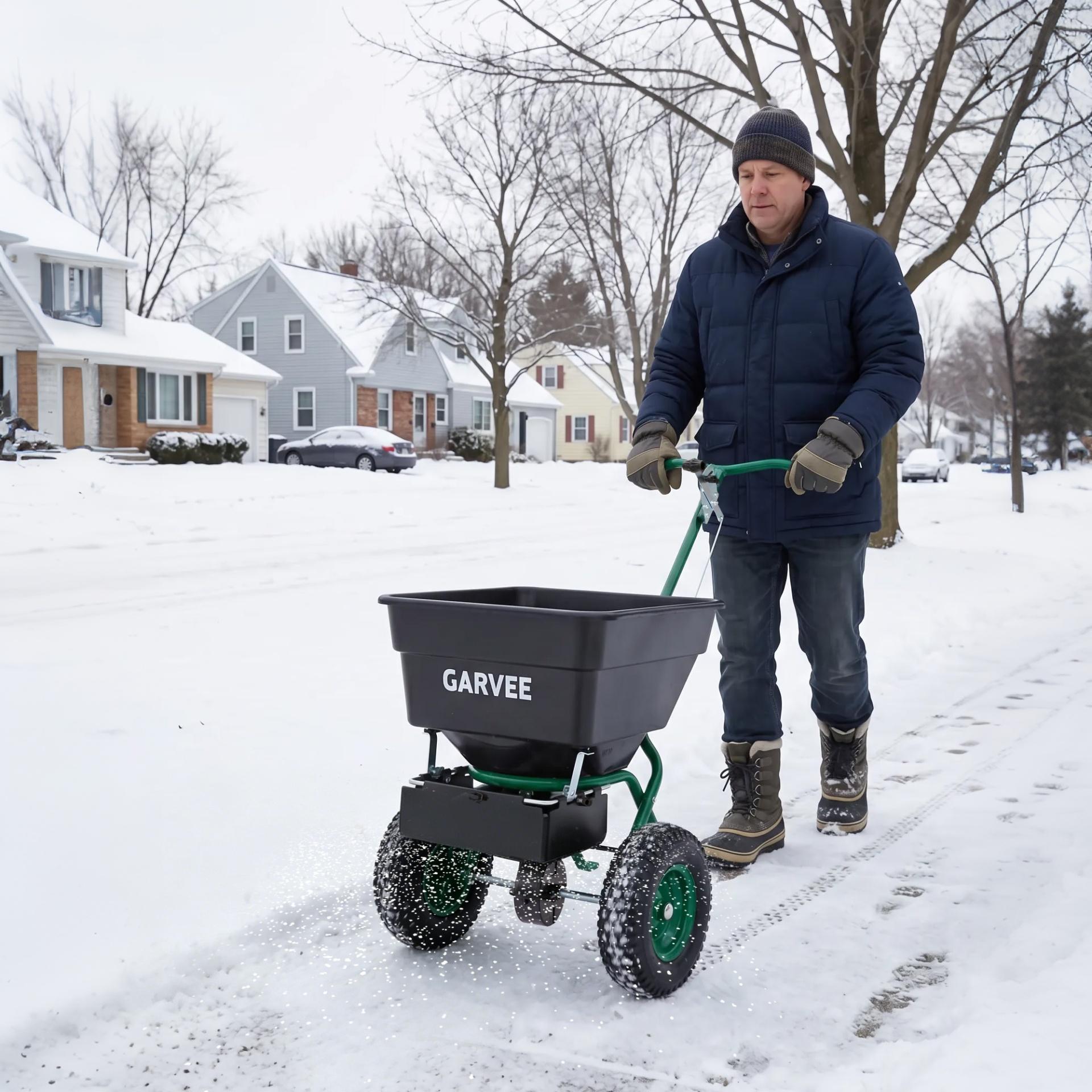 Garvee 100 lb Push Broadcast Spreader with 12' Spread Width, Adjustable Drop Rate, 10" Pneumatic Tires, Rain Cover & Gloves for Seed, Fertilizer, Salt and Ice Melt, Black & Dark Green