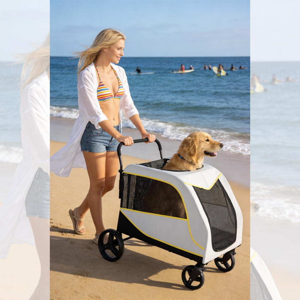 Garvee Large Dog Stroller for Large Dogs, 176 Lbs Capacity Pet Stroller with All-Terrain Wheels, Foldable Dual Entry Pet Wagon, Breathable Mesh, Full Canopy, Easy-Fold, Storage Basket, Weather Cover
