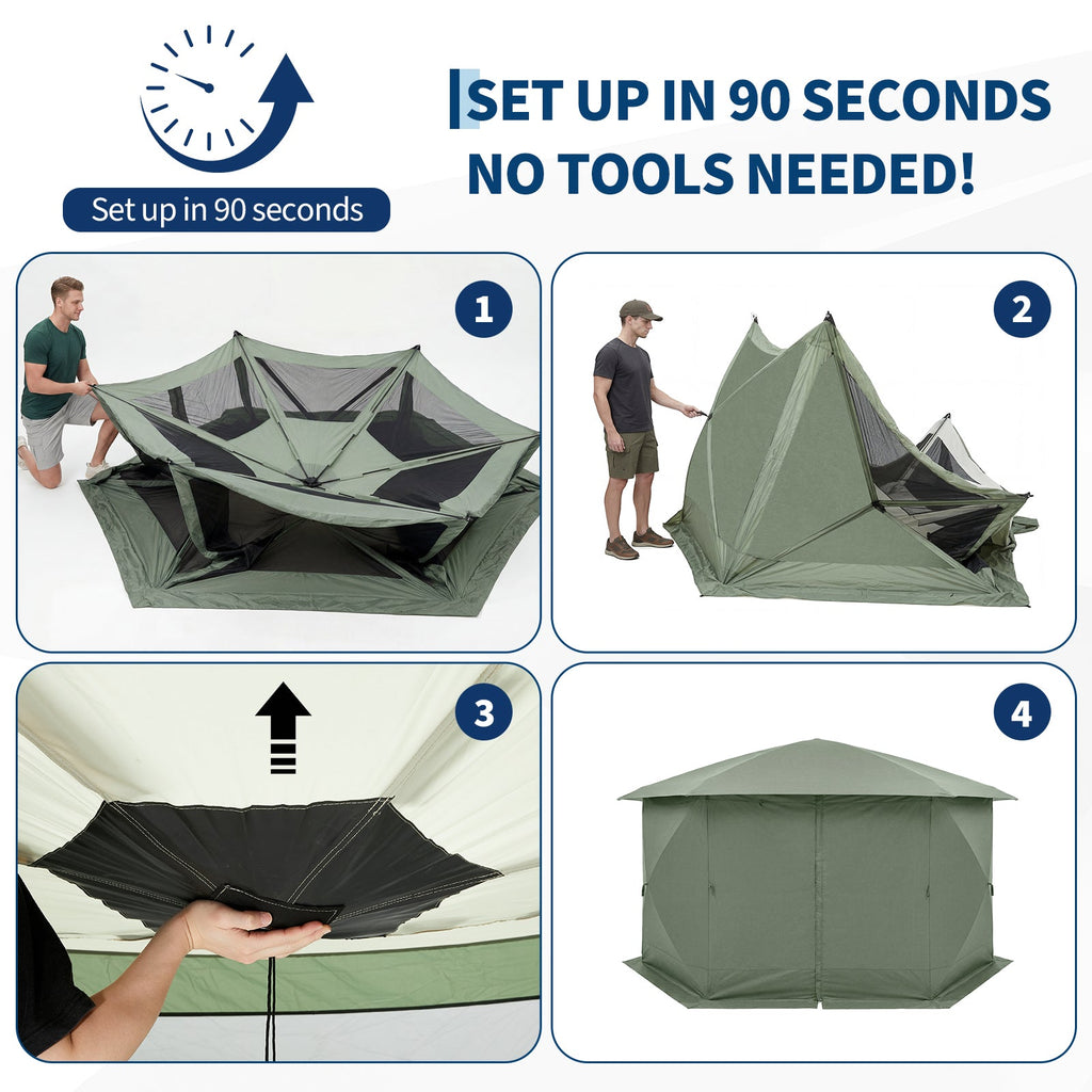 Garvee Screen Gazebo Tent, 13 x 13 FT 6-Sided Canopy for 8-10 People with 7.5 FT Height, Removable Wind Cloth and Carry Bag for Backyard Camping, Green and Gray