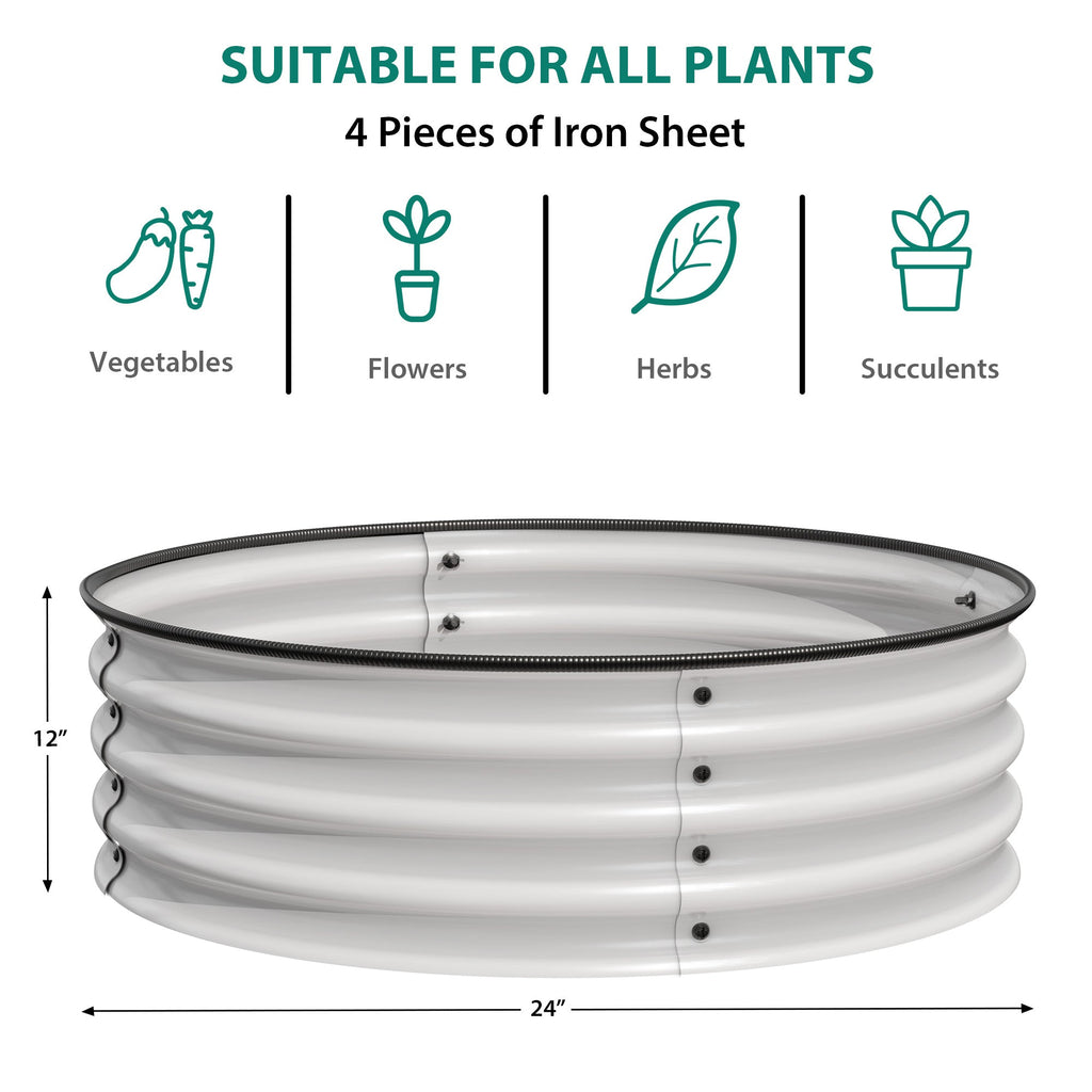 Garvee Round Metal Raised Garden Bed, 2x1FT Galvanized Planter Box, Rust-Resistant, Open Bottom, Safe Edge, Easy Assembly for Vegetables, Flowers & Herbs – White