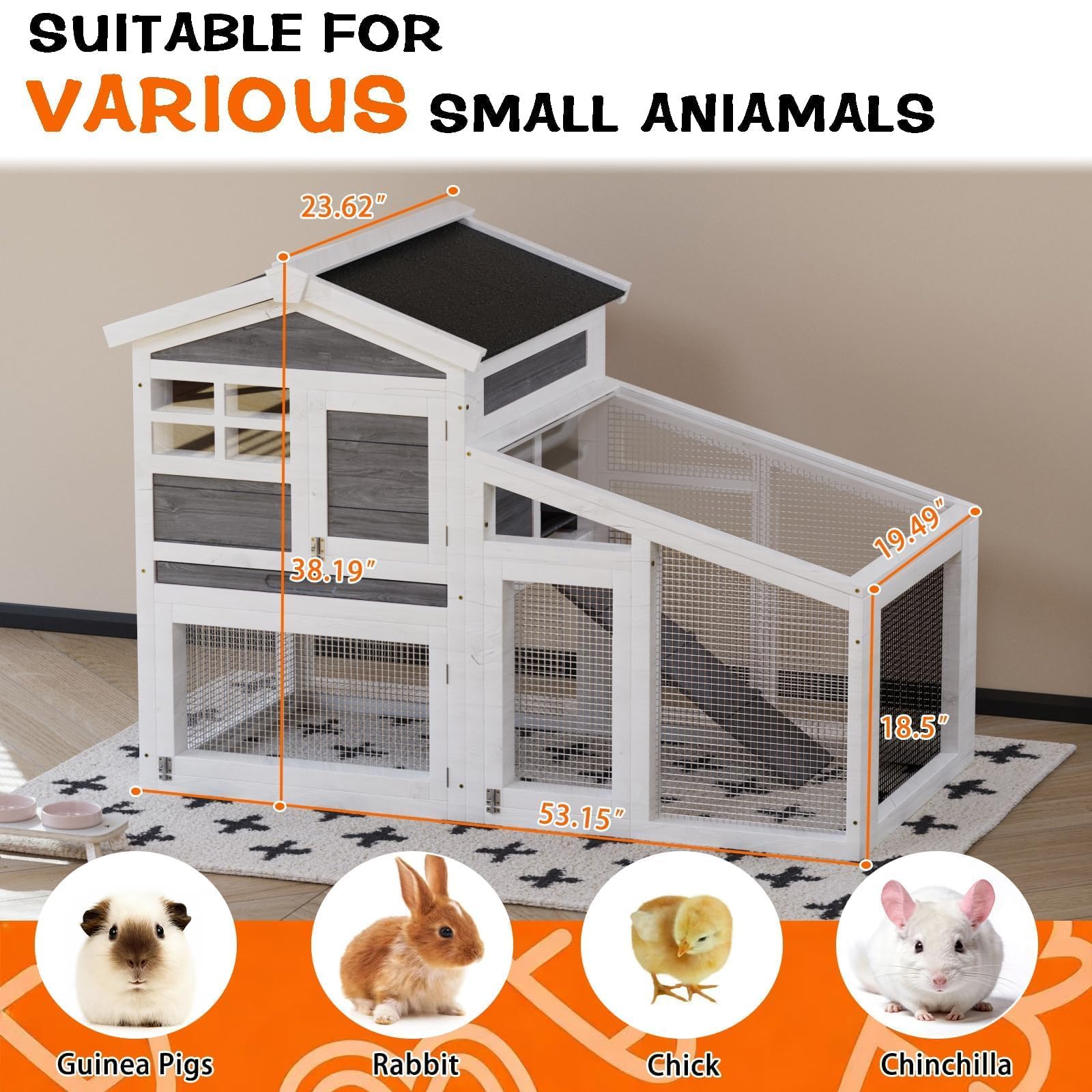 Garvee Large Outdoor Rabbit Hutch, 2-Tier 53" Wooden Small Animal Cage with Removable Tray, Anti-Chew, Weatherproof Rabbit Hutch with Non-Slip Ramp – Ideal for Rabbits, Guinea Pigs, Chickens, Gray