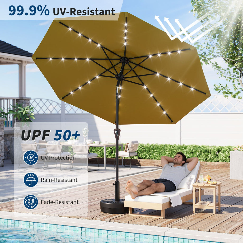 Garvee 9FT Solar LED Patio Umbrella, Waterproof Outdoor Market Table Umbrella with 8 Ribs, Crank Lift, Push Button Tilt, UV Protection for Garden, Pool & Deck, Yellow