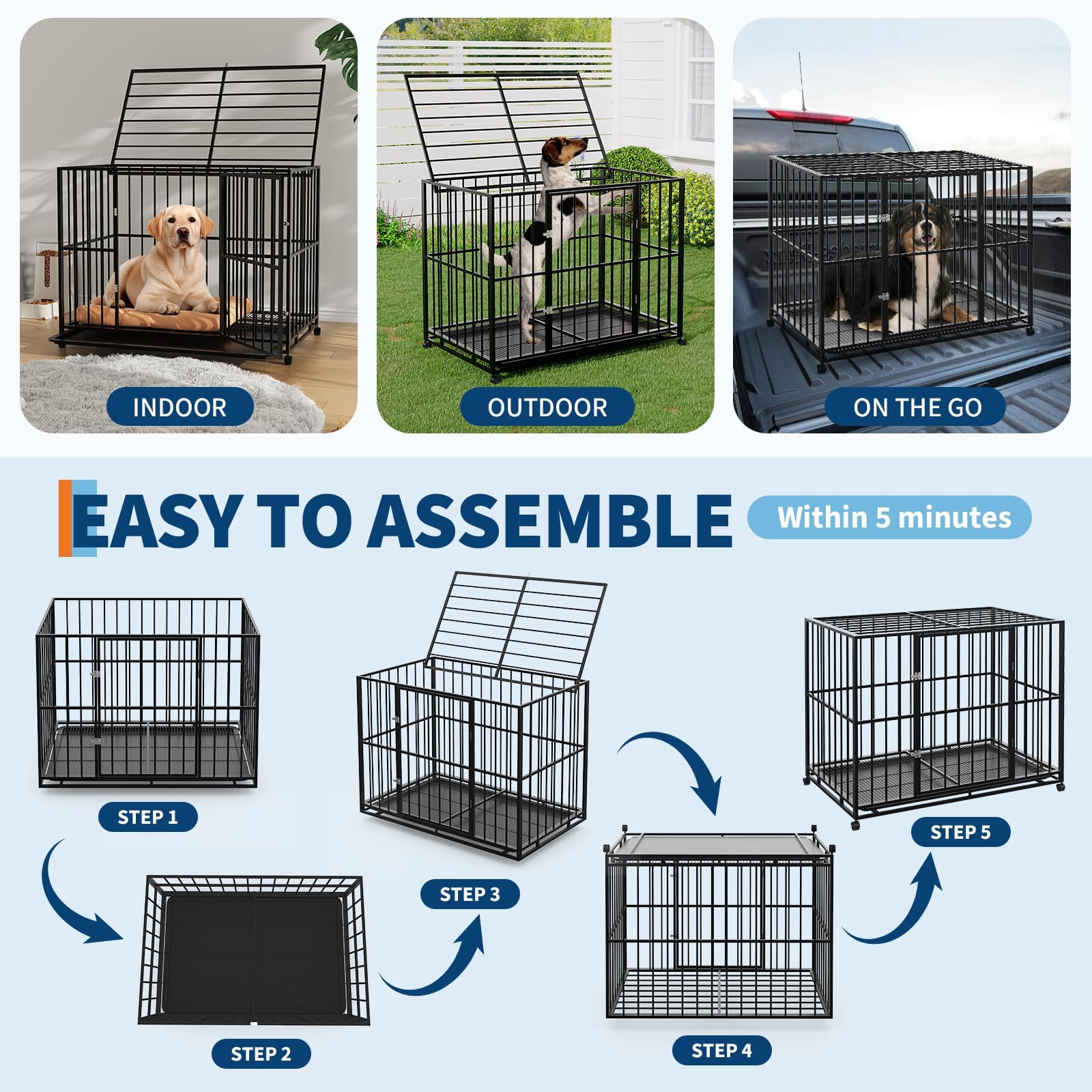 Garvee 42 Inch Dog Crate for Medium Sized Dogs, Heavy Duty Stainless Steel Dog Kennel Escape-Proof with Wheels and Removable Tray, Indestructible Dog Cage Stackable for High Anxiety Dogs