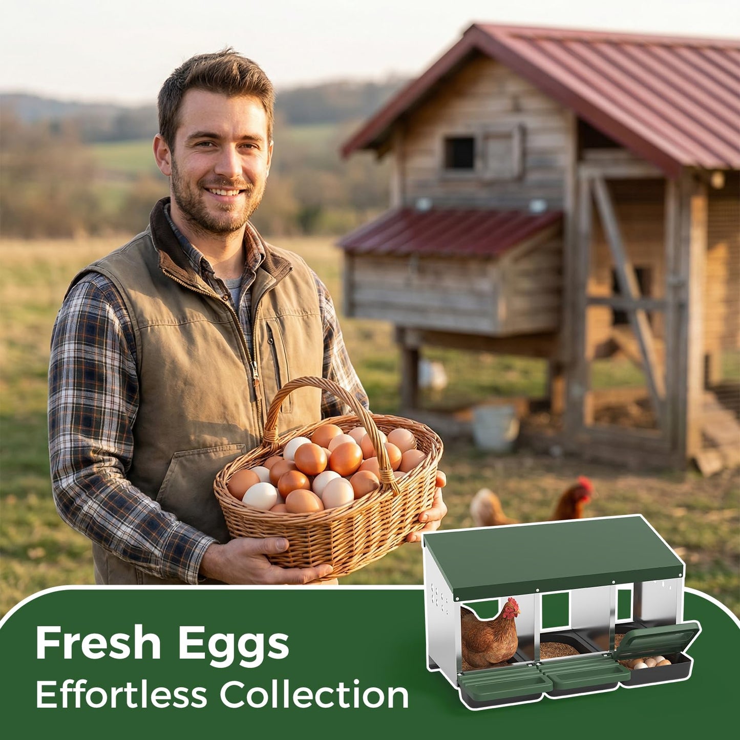 Garvee 3-Hole Metal Chicken Nesting Box, Roll Away Poultry Laying Box with Sloped Roof, 31.5"x20.5"x16.9", Green