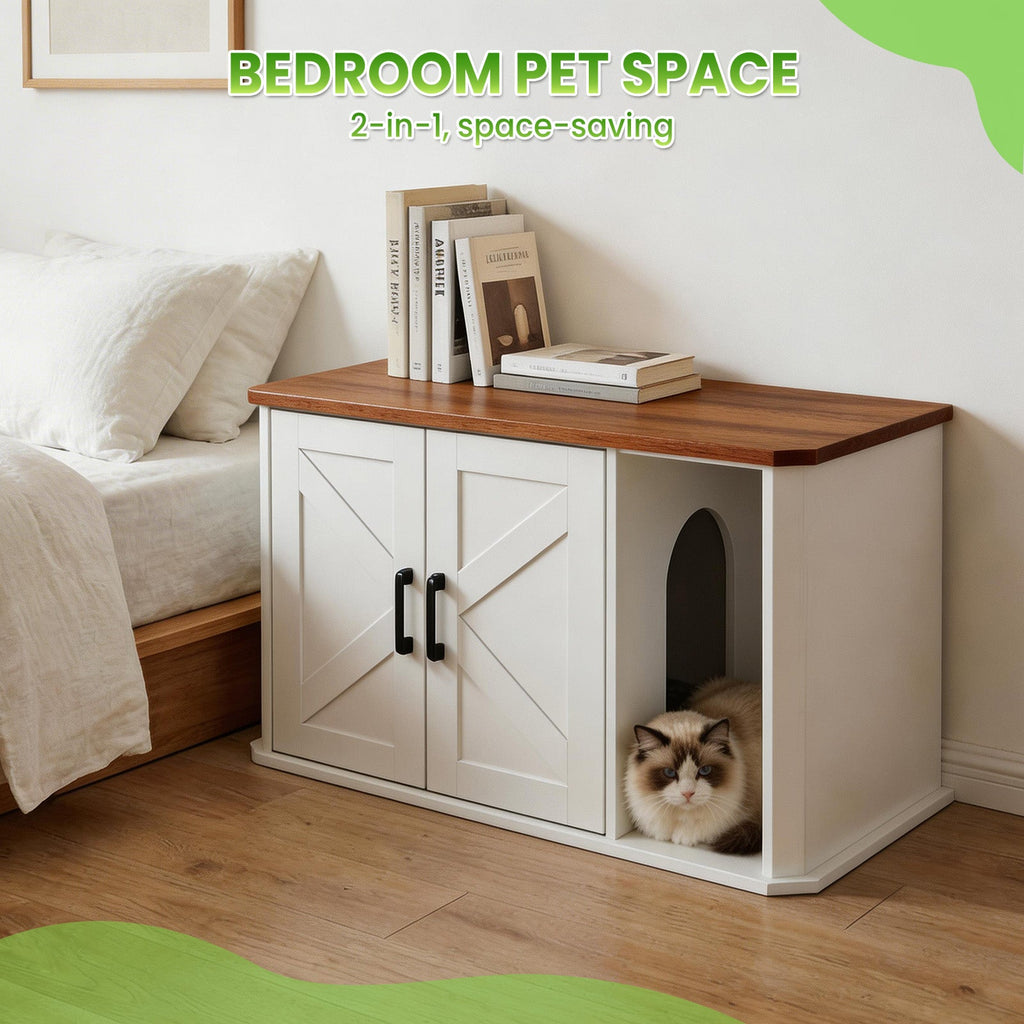Garvee Modern Wooden Cat Litter Box Furniture – Double-Door Hidden Washroom Cabinet with Side Entry – Easy to Clean, Odor Control – Spacious Cat House End Table – Yunxi White Brown