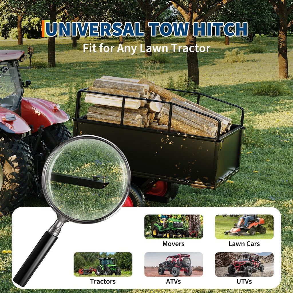 Garvee 750 lb ATV Dump Cart, 17 Cu. Ft. Tow-Behind Steel Utility Trailer with Removable Sides, 16 in Tires & Universal Hitch for Lawn Tractor