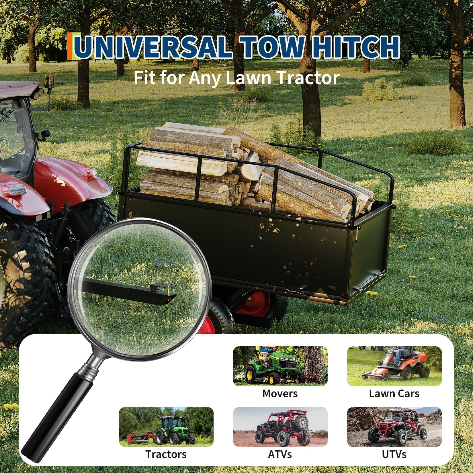 Garvee 750 lb ATV Dump Cart, 17 Cu. Ft. Tow-Behind Steel Utility Trailer with Removable Sides, 16 in Tires & Universal Hitch for Lawn Tractor