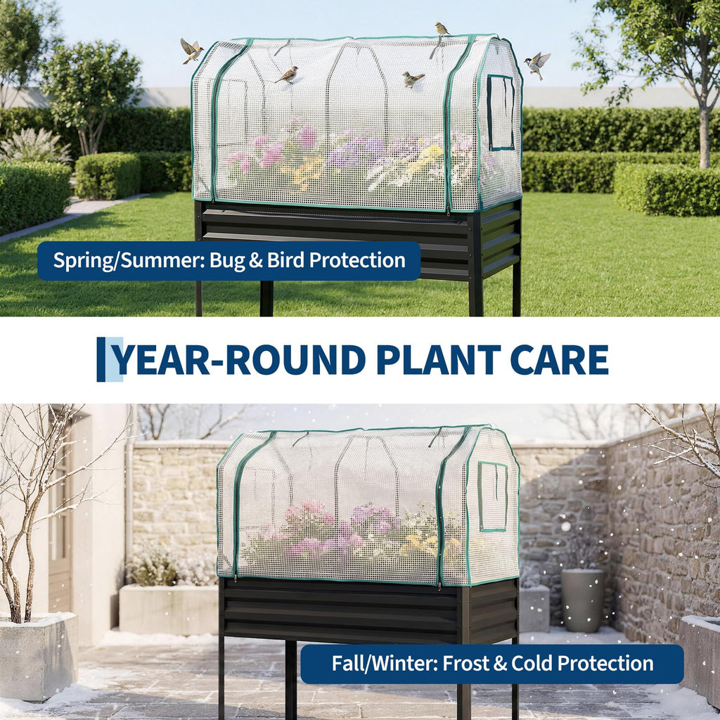 Garvee Elevated Raised Garden Bed, 48 x 24 x 56-Inch Galvanized Metal Planter with Greenhouse Cover, Bird Net and 4 Plant Signs for Patio Gardening, Black