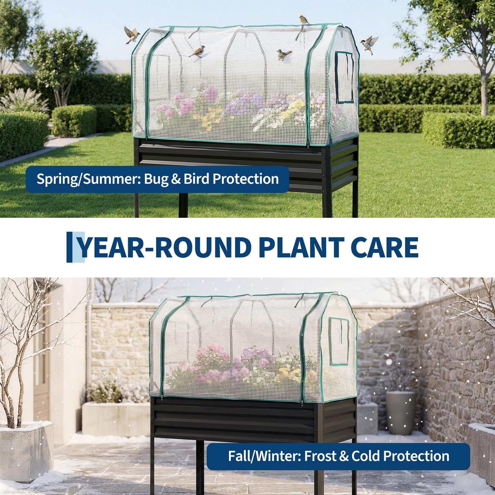 Garvee Elevated Raised Garden Bed, 48 x 24 x 56-Inch Galvanized Metal Planter with Greenhouse Cover, Bird Net and 4 Plant Signs for Patio Gardening, Black