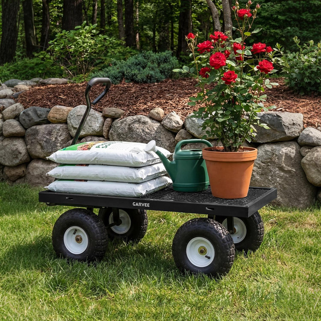 Garvee 800LBS Heavy Duty Steel Garden Cart Wagon with 10" Pneumatic Tires, Removable Mesh Sides, 180° Rotating Handle & Waterproof Bag, Utility Yard Trailer for Lawn, Garden & Farm, Black