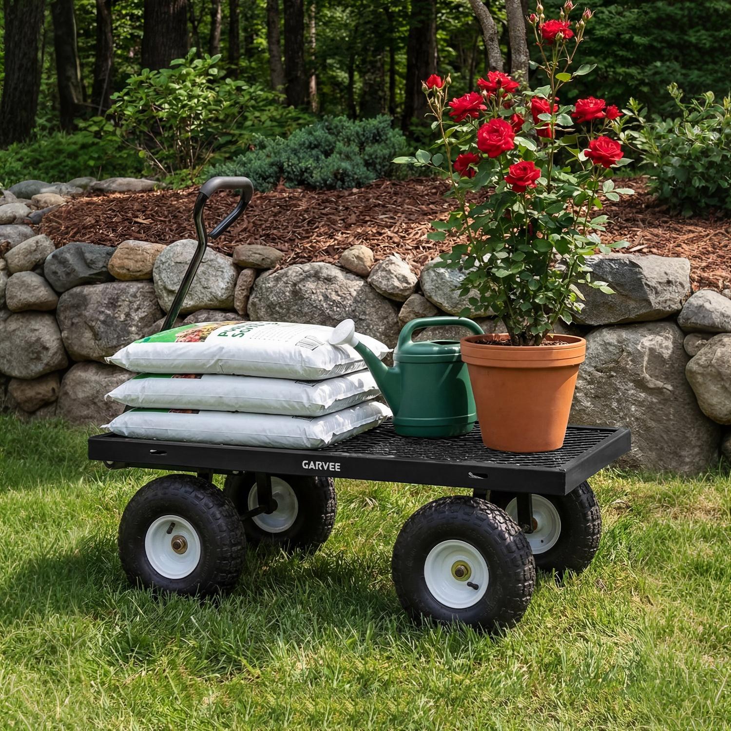 Garvee 800LBS Heavy Duty Steel Garden Cart Wagon with 10" Pneumatic Tires, Removable Mesh Sides, 180° Rotating Handle & Waterproof Bag, Utility Yard Trailer for Lawn, Garden & Farm, Black
