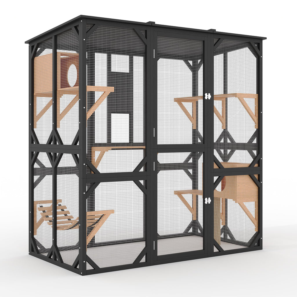 Garvee 70" Large Catio with Window Access, Outdoor Walk-in Cat Enclosure for Cats, Wooden Cat Patio with Asphalt Roof, Platforms, Scratch Post, Bridge & Condo Black