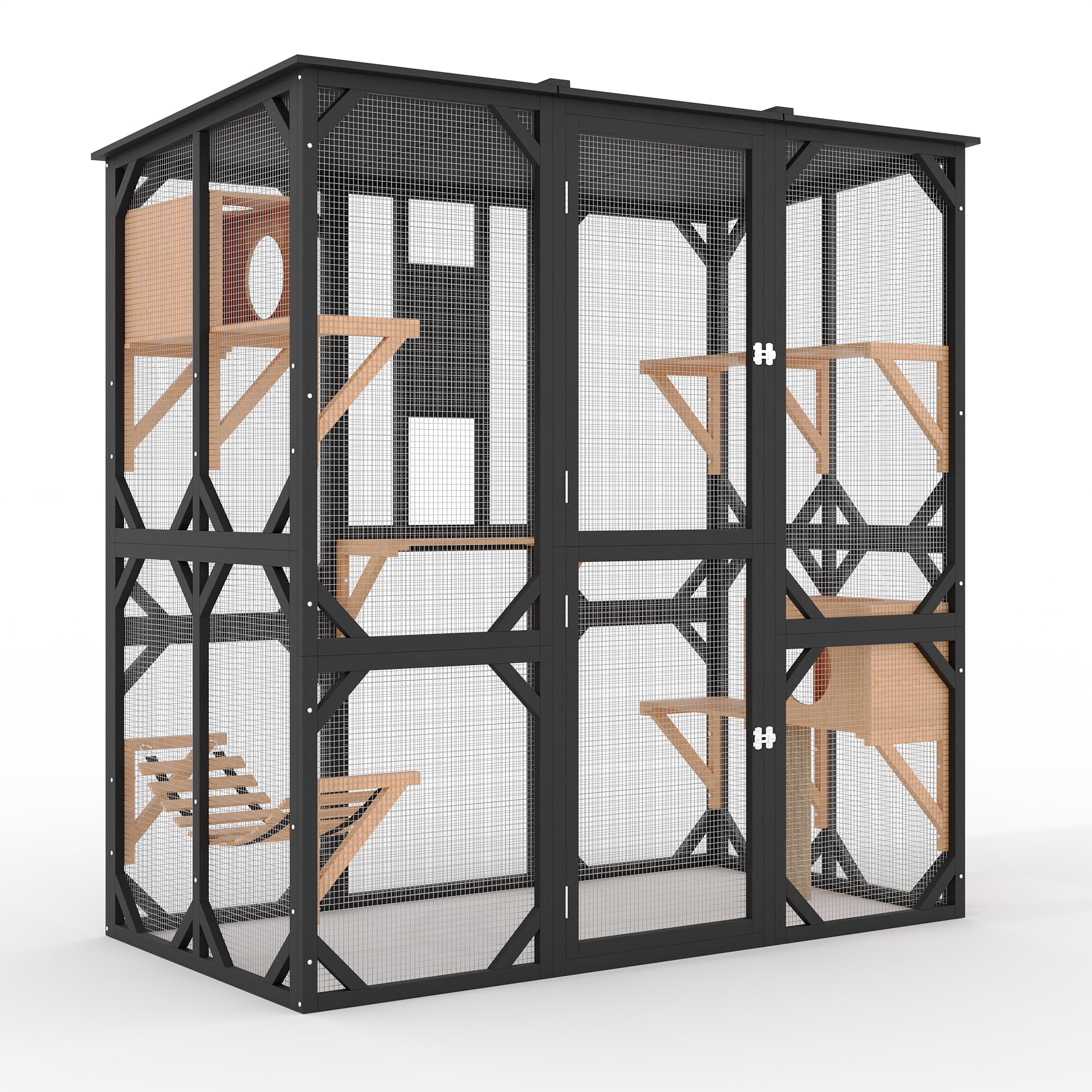 Garvee 70" Large Catio with Window Access, Outdoor Walk-in Cat Enclosure for Cats, Wooden Cat Patio with Asphalt Roof, Platforms, Scratch Post, Bridge & Condo Black