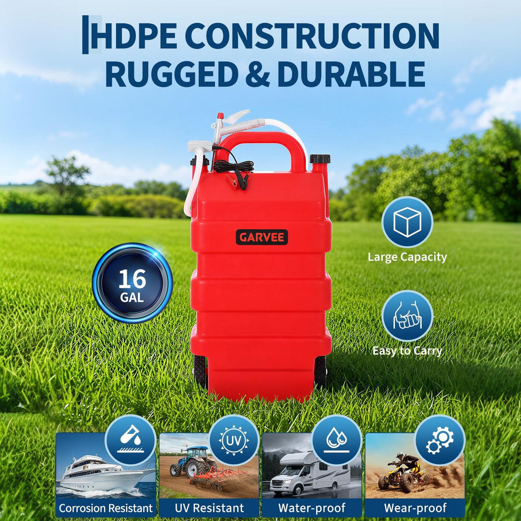 Garvee 16 Gallon Portable Fuel Caddy Tank with 12V/4AA Battery Powered 3.8 GPM Transfer Pump – HDPE Gasoline & fuel injection system Storage – Heavy Duty Wheels – For Workshop Use, Color: Red