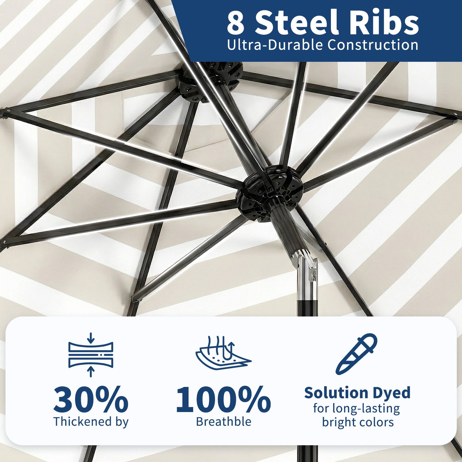 Garvee 9 ft Outdoor Patio Umbrella with 8 Sturdy Ribs, Crank Lift, Push-Button Tilt & UV-Resistant Waterproof Canopy for Pool, Deck, Yard & Garden, Tan & White Stripes