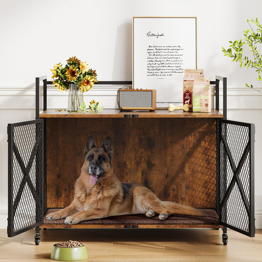 Garvee 41 Inch Dog Crate Furniture, Heavy Duty Dog Cage Furniture for Medium Dogs, Wooden Crates Indoor Kennels with Lockable 360° Wheels, Sturdy Dog Kennel Furniture Dog Crate with Divider